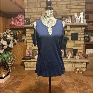 Michael Kors Women's Navy Cold-Shoulder Keyhole Tee